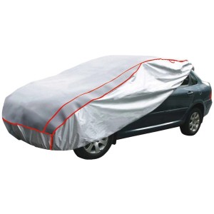 Hagelschutz-Ganzgarage Gr. XXL für Stufenheck-PKW, silberfarben mit roter Umrandung.