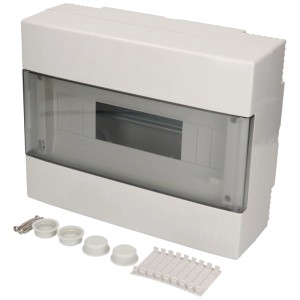 Quadro elettrico da parete, 1 fila, con porta trasparente, guida DIN e accessori.