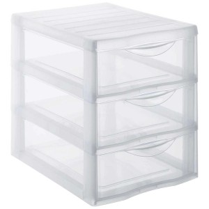 Boîte à tiroirs transparente Rotho Orgamix A5 avec 3 tiroirs et poignées encastrées.