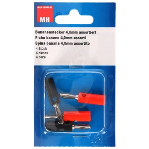 Fiches bananes 4 mm, lot de 4 (2x rouge, 2x noir) pour connexion haut-parleurs.