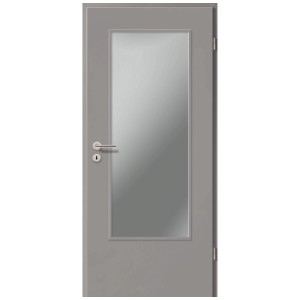 Porta interna grigia GetaDoor con inserto vetro, superficie CPL, DIN destra.