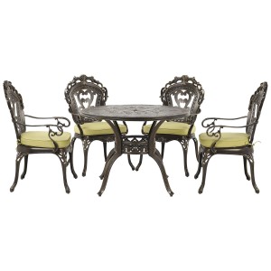 Ensemble de mobilier de jardin Beliani Sapri, 4 chaises, aluminium marron foncé, avec coussins verts.