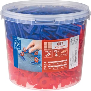 Set livellante LUX: 100 cunei, 300 clip (2 mm) in secchio. Per una posa precisa delle piastrelle.