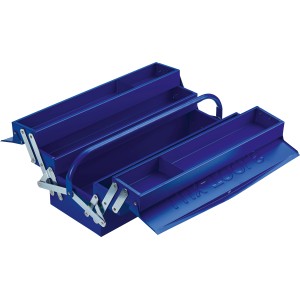 Boîte à outils LUX Profi bleue ouverte en tôle d'acier avec 5 compartiments.