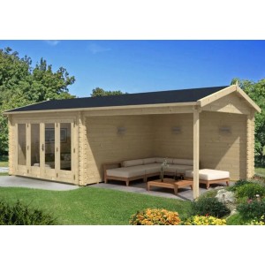 Abri de jardin en bois Alpholz Freiburg-44 avec terrasse couverte et porte pliante.