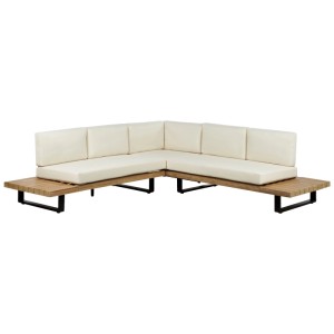 Beliani Mykonos set lounge da giardino a 5 posti, divano angolare in acacia con cuscini color crema.