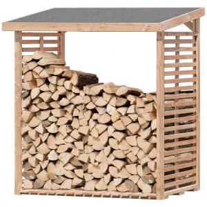 Étagère à bois de chauffage en mélèze, taille L, remplie de bûches. Rangement pratique pour le bois de chauffage.
