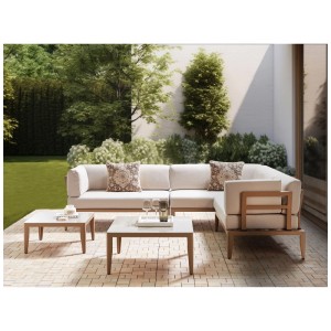 Ensemble lounge Beliani Rima III en aluminium beige clair avec canapé d'angle et deux tables pour le jardin.