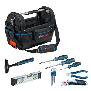 Set Bosch Professional GWT 20 : sac à outils avec marteau, tournevis, niveau et autres outils.