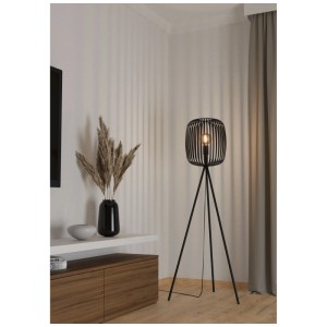 Lampada da terra nera Eglo Romazzina con base in metallo a treppiede e attacco E27. Lampada di design per soggiorno.