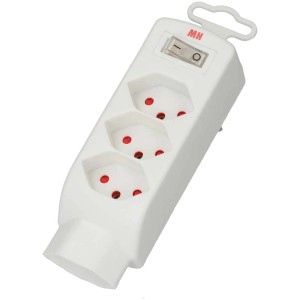 Bloc multiprise Safety-Line blanc avec 4 prises type 13, sécurité enfant et interrupteur.