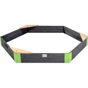 Sabbiera esagonale in legno grigio EXIT Aksent (200x170cm) con angoli seduta e dettagli verdi.