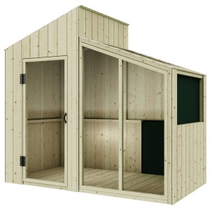 Cabane de jeux en bois PolarPlay Voie Lactée, finition naturelle avec porte et fenêtre.