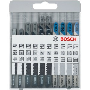 Set di lame per seghetto alternativo Bosch Pro, 10 pezzi, attacco a T, per legno e metallo.