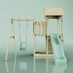Altalena per neonati PolarPlay Bergen verde menta con torre giochi e scivolo.