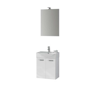 Ensemble de meubles de salle de bain Mini 50, blanc brillant, avec meuble bas, lavabo et miroir LED.