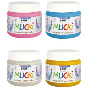 Kreul Mucki Funkel-Fingerfarbe, 4er-Set mit rosa, blau, silber und gold Farben.