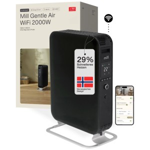 Termosifone a olio Mill Gentle Air WiFi 2000W nero. Display digitale, controllo app, design norvegese, riscaldamento 29% più veloce.