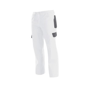 Pantalon de travail classique blanc et gris, taille 52, avec poches renforcées.