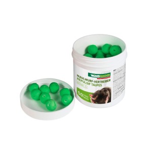 Windhager Sfere repellenti per talpe, 50 pezzi, in contenitore e sul coperchio. Palline verdi per allontanare le talpe.