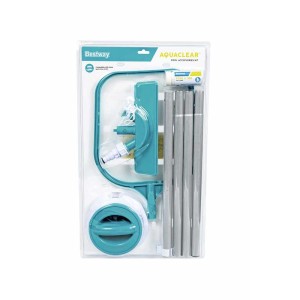 Kit complet d'entretien de piscine Bestway AquaClear Deluxe avec aspirateur, épuisette, diffuseur et bandelettes de test.