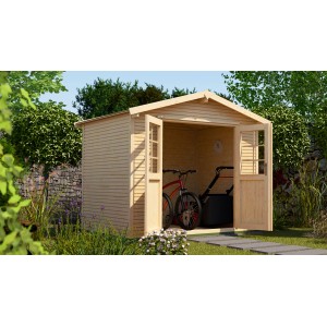 Casetta da giardino weka 218 naturale con tetto a due falde e doppia porta aperta, con bicicletta e tosaerba.