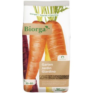 Sack Hauert Biorga Gartendünger 5kg mit Karotten-Motiv. Bio-Dünger für Gemüse und Ziergärten.