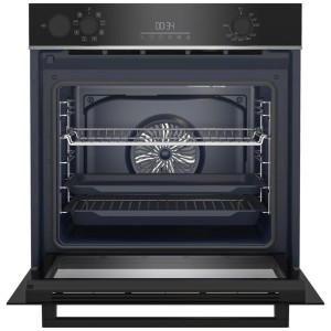 Four encastrable Beko BBIS143N0B noir, 72 l, porte ouverte avec grilles, plaque de cuisson et panneau de commande avec écran.