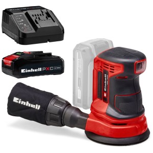 Ponceuse excentrique sans fil Einhell TE-RS 18 Li avec batterie, chargeur et sac à poussière.