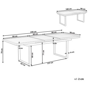 Schizzo: Tavolo da giardino bianco Beliani Valcanetto in alluminio, allungabile da 180 a 240 cm, con dimensioni.