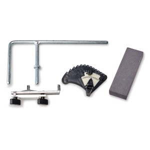 Accessoires pour affûteuse à eau Einhell TC-WG 200 : pierre à aiguiser, calibre d'angle et dispositif universel.