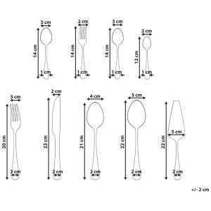 Dimensions du set de couverts Beliani Rotini: fourchettes, cuillères, couteaux et pelle à tarte en cm.