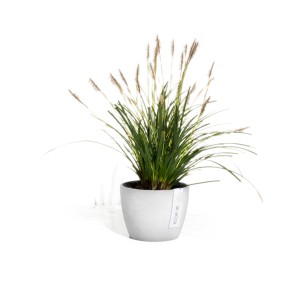 Pot de fleurs Ecopots Stockholm, gris-blanc, Ø 16cm, avec graminée ornementale.