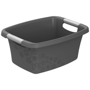 Bac à linge Rotho Flowers anthracite, 12 l, avec motif floral et poignées.