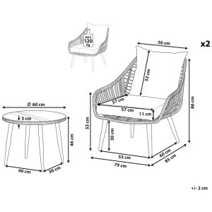 Schizzo set bistro Laureto: 2 sedie in rattan, tavolo con dimensioni. Ideale per balcone e terrazza.