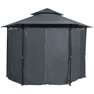 Gazebo da giardino esagonale Beliani Portel grigio grafite con tende e struttura in acciaio.