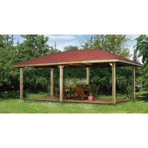 Weka Gartenoase 651 B Gr. 2: Gazebo in legno con tetto rosso e area salotto nel verde.