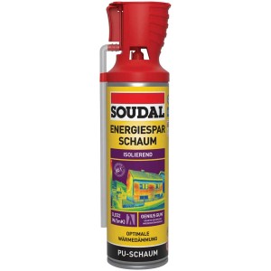 Soudal Mousse Économie d'Énergie B3 Genius Gun, aérosol de 500 ml avec embout rouge.
