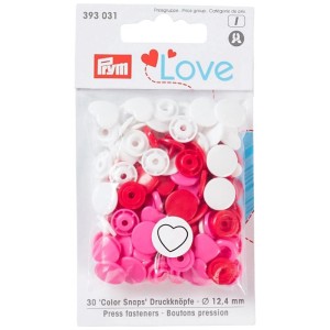 Prym Color Snaps Cuore, 30 bottoni automatici in plastica rossi, bianchi e rosa, Ø 12,4 mm.