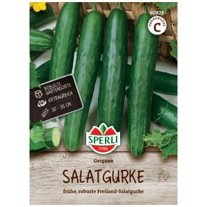 Sperli graines de concombre Gergana, paquet avec concombres verts sur bois.