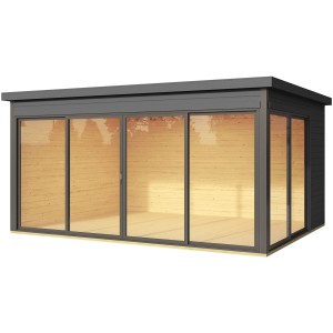 Moderna casetta da giardino in legno grigio grafite con tetto piatto e ampie vetrate.