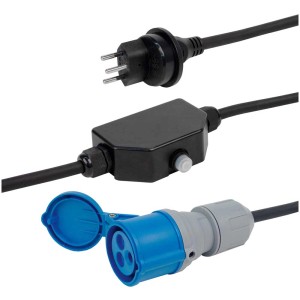 Rallonge Steffen 2m avec fiche T13 (IP55) et prise T13 (IP44) pour usage intérieur et extérieur.