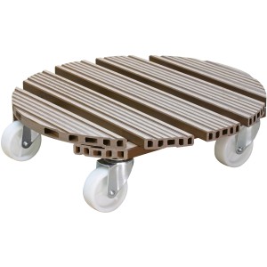 Sottovaso rotondo Multi Roller WPC marrone con quattro ruote bianche.
