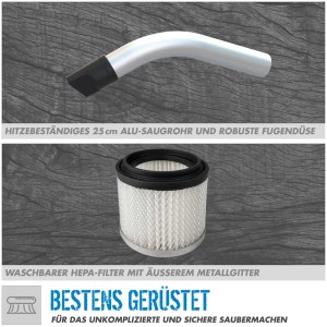 Accessoires pour aspirateur à cendres Güde : tube d'aspiration résistant à la chaleur et filtre HEPA lavable.