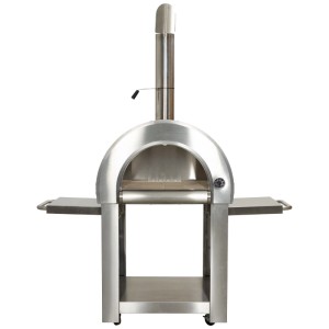 Four à pizza Nouvel Fuego en acier inoxydable avec rangement pour le bois et étagères latérales.