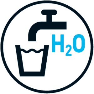 Symbole du flexible de douche sans PVC : robinet, verre d'eau, H2O.