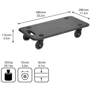 Wagner MM1611 chariot de transport, MDF noir, 575x290mm, avec 4 roues et patins antidérapants.