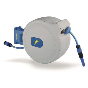 Avvolgitubo Goodyear GY10045 con supporto a parete, scocca in plastica blu e tubo.