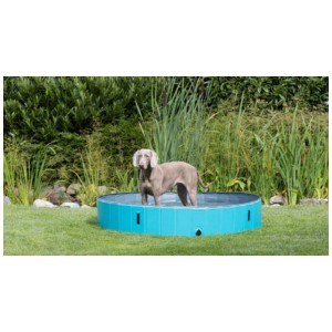 Trixie Hundepool, petrolblau, Ø 160 cm, mit Hund im Garten. Ideal zur Abkühlung.