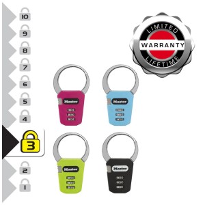 Master Lock Zahlen-Karabinerschloss, 3-stellig, in verschiedenen Farben: Schwarz, Blau, Rosa und Grün.